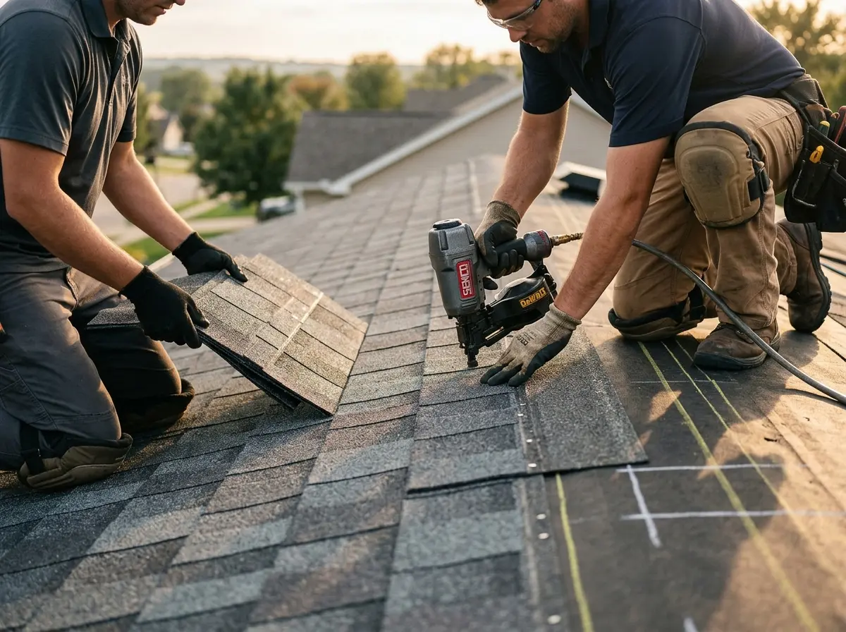 Professional roofer working on a residential roof in Rotterdam